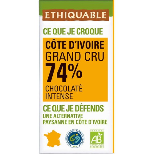 Ethiquable Chocolat Noir 74% Côte D'ivoire Bio 100g
