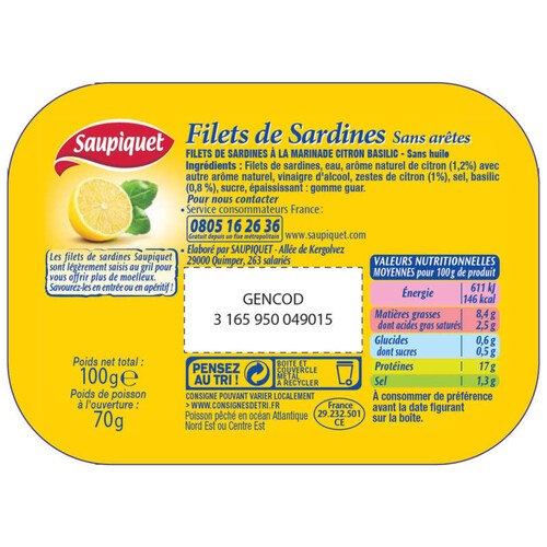 Saupiquet Filets de sardines citron-basilic sans arêtes 100g