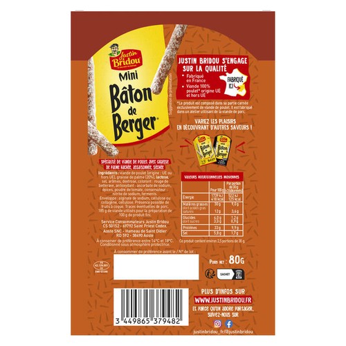 Justin Bridou Bâton de Berger Mini 100% Poulet x10 80g