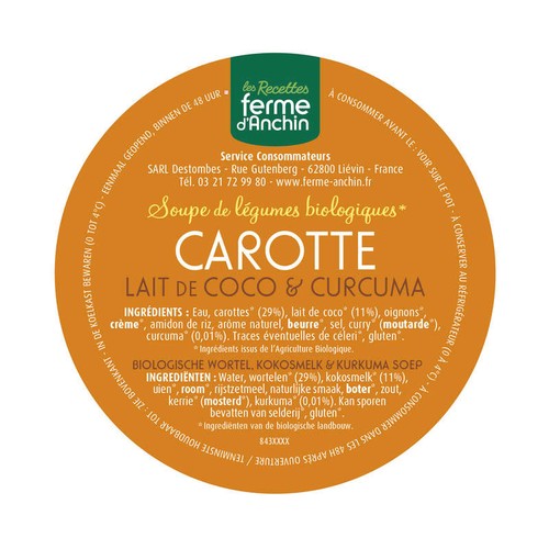Ferme d'Anchin Soupe Carotte, Lait de Coco et Curcuma Bio 500ml