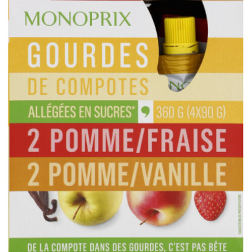 Monoprix Gourdes de compotes allégées pomme/fraise et pomme/vanille 4x90g