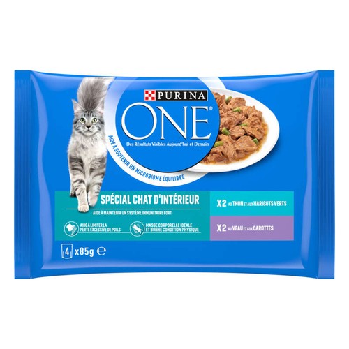 Purina One Pâtée Chat d'intérieur au thon et veau 4x85g