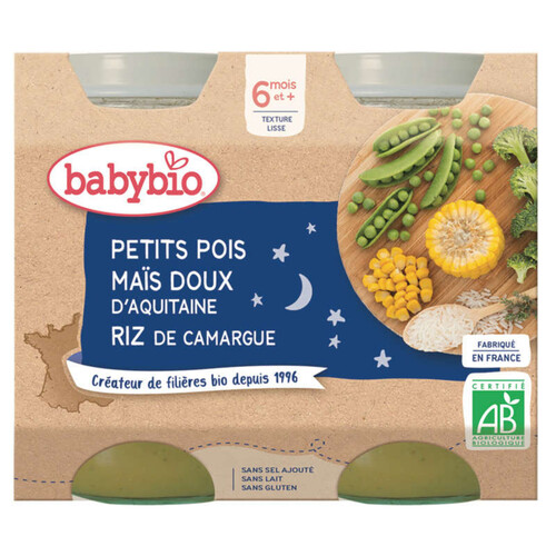[Par Naturalia]  Babybio Petits pots maïs riz, petits pois, dès 6 mois, bio 2x200g.