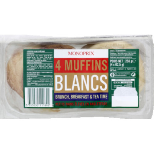 Monoprix 4 Muffins Blancs Recette Anglaise 250g