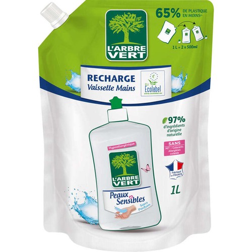 L'Arbre Vert Recharge Liquide vaisselle peaux sensibles écolabel - hypoallergénique - 97% d'ingrédients d'origine naturelle - 1L