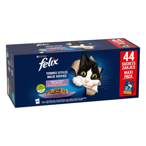 Purina Felix Tendres Effilés en gelée à la viande et poissons Maxi Pack 44x84g