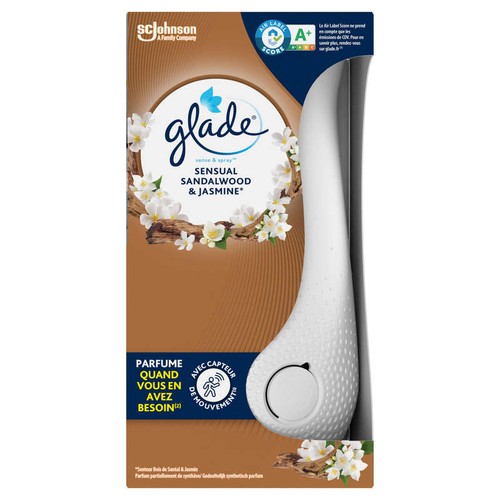 Glade® Sense & Spray™ Sensual Sandalwood & Jasmine (Senteur Bois de Santal & Jasmin), 1 diffuseur automatique à détecteur de mouvement + 1 recharge de parfum infusé aux huiles essentielles, 18ml