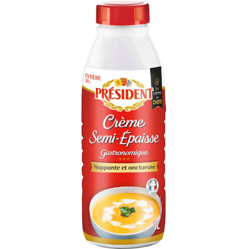 Président Crème UHT Semi-épaisse Entière 30% MG Bouteille 1L