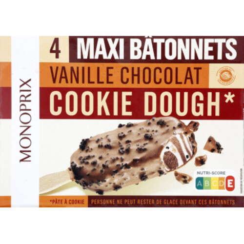 Monoprix 4 maxi bâtonnets vanille chocolat cookie dough 270g