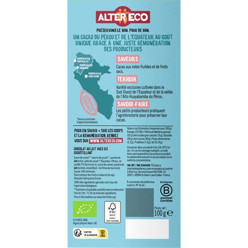 Alter Eco Choco Lait Riz Souffle Bio 100g