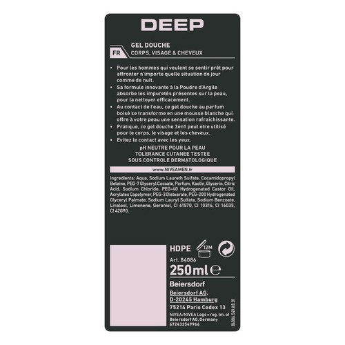 Nivea Men Gel Douche Homme 3 en 1 Deep 250ml
