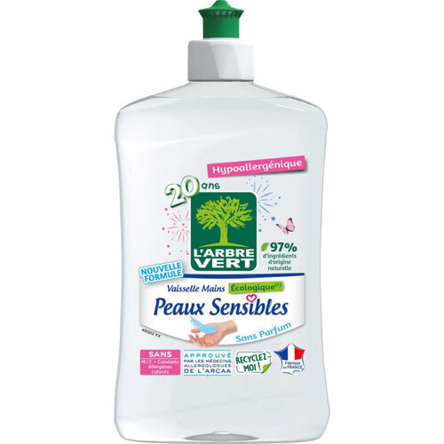 L'Arbre Vert liquide vaisselle ecolabel peaux sensibles hypoallergénique 500ml