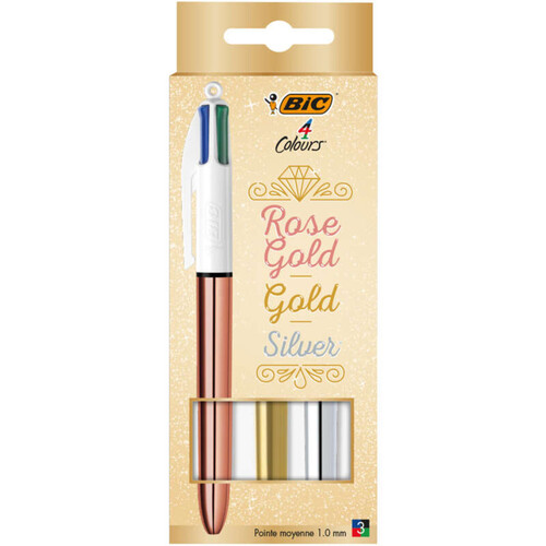 BIC 4 Couleurs Stylos Métallisés - Or Rose, Shine Argenté, Shine Doré