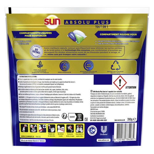 Sun Absolu Plus Tout en 1 Capsules Lessive Bio Enzymes x26