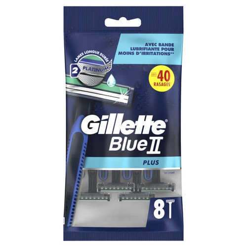 Gillette Blue II Plus Rasoirs Jetables x8, Avec Bande Lubrifiante Et Deux Lames Ultra-Affûtées x8