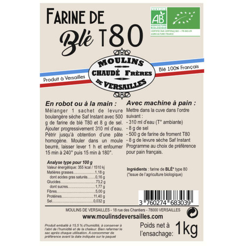 [Par Naturalia] Moulins de Versailles Farine complète de Blé T80 Bio 1kg