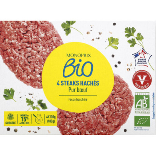 Monoprix Bio 4 steaks hachés 15% matière grasse 400g