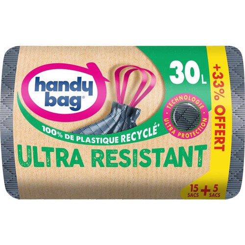 Handy Bag Sacs poubelle poignées coulissantes Ultra Résistant 100% plastique recyclé 30L + 33% Offert