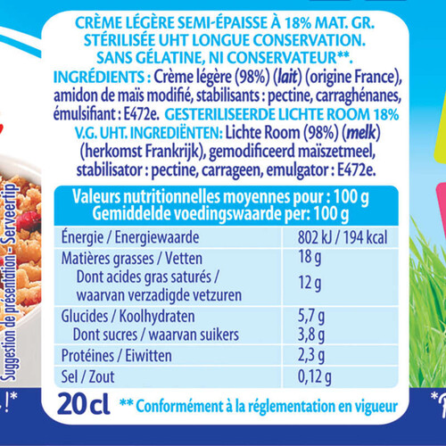Bridélice Crème Légère Semi-Épaisse 18%Mg 3X20Cl