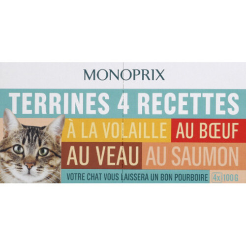 Monoprix Terrines Pour Chat 4 Recettes Volaille, Boeuf, Lapin, Saumon 400G