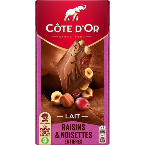 Côte d'Or Tablette Chocolat au Lait Raisins et Noisettes Entières 180g