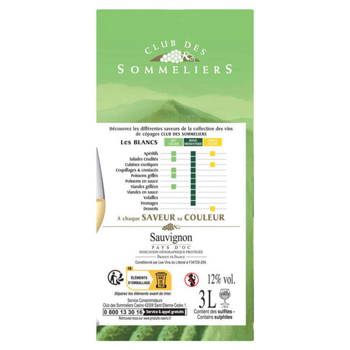 Club Des Sommeliers Sauvignon - Pays d'Oc - Vin blanc - 3l