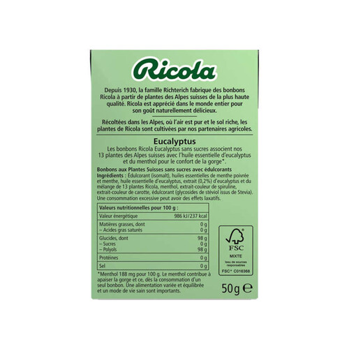 Ricola Bonbon Eucalyptus Sans Sucres Boite de 50