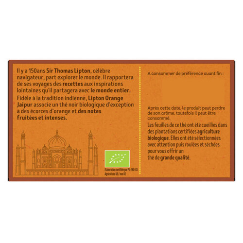 Lipton Thé Noir Orange Jaipur Bio 20 Sachets Mousseline 34g