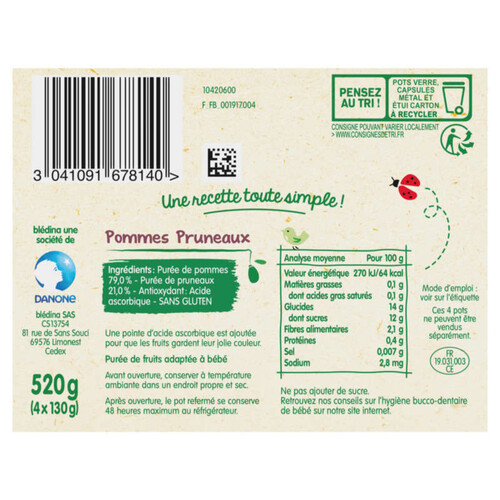 Blédina Pots fruits Pommes Pruneaux dès 4/6 mois 4x130g