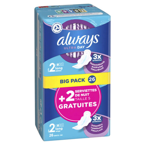 Always ultra serviettes long taille 2 ailettes x26 serviettes