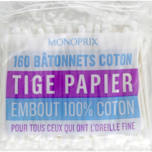 Monoprix Bâtonnets Coton Tige Papier Embout 100% Coton