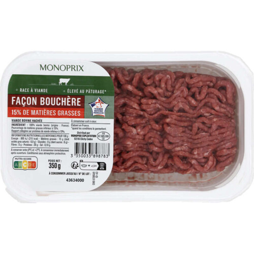 Monoprix Viande Hachée De Bœuf Façon Bouchère 15% Mg 350G