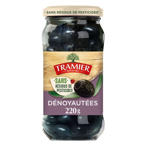 Tramier Olives Noires à la Grecque dénoyautées Sans résidus de pesticides 220g