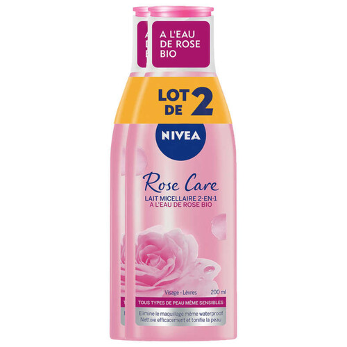 Nivea rose care lait micellaire 2 en 1 à l'eau de rose - lot de 2x 200ml  