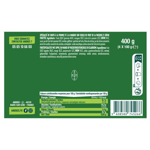 Andros Liégeois Pomme et Mangue sur du coulis de Passion 4x100g