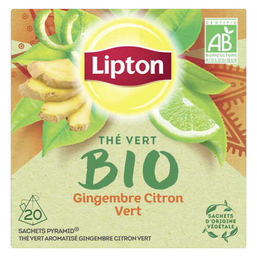 Lipton Thé Vert Bio Gingembre Citron-Vert Bio 20 Sachets Pyramides