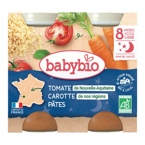Babybio petits pots carottes, tomates & pâtes dès 8 mois 2x200g