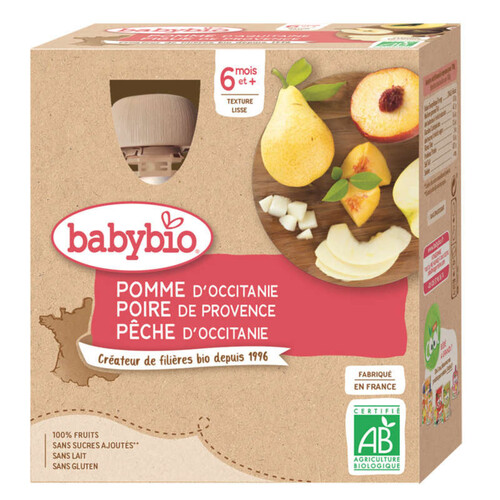 Babybio purée de pomme, poire et pêche bio 4x90g