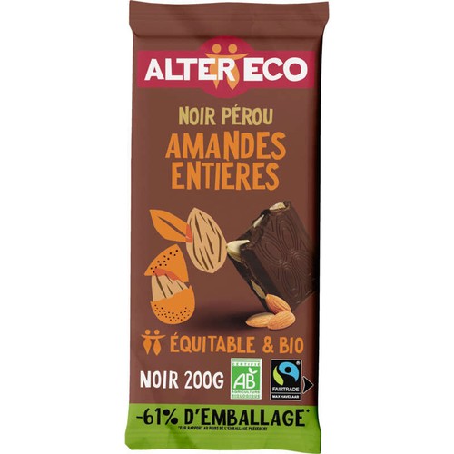 Alter Eco Chocolat Noir Amandes Entieres Bio 200g