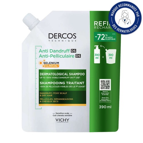 Vichy Dercos Shampoing Traitant Anti-Pelliculaire DS Cheveux Secs Éco-Recharge 390ml