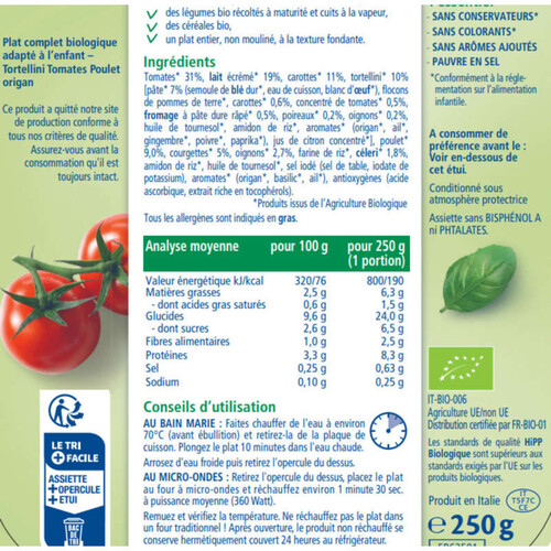 Hipp Biologique La Mamma Tortellini Tomates Poulet Origan 250g