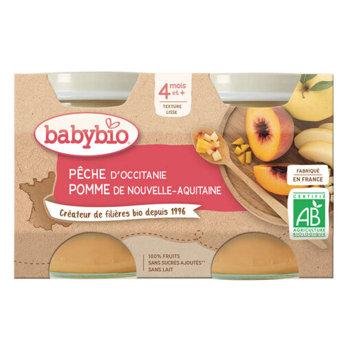 Babybio Pêche Pomme d'Aquitaine des 4 mois 2x130g