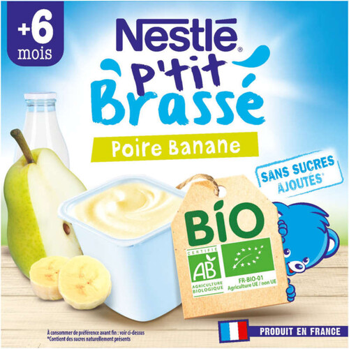Nestlé Yaourt Bio P'Tit Brassé Poire Banane Dès 6 Mois 4x90g