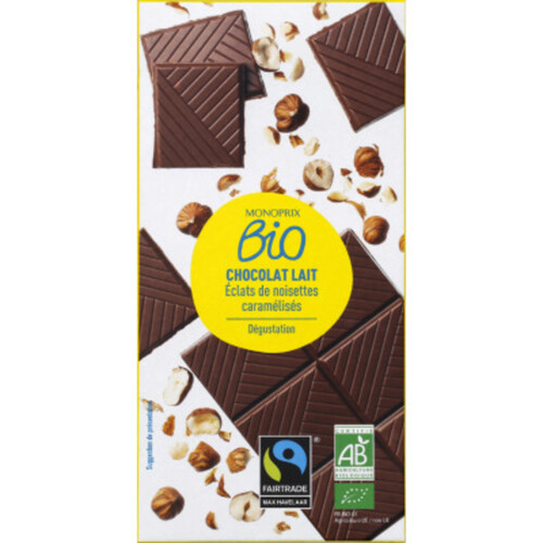 Monoprix Bio Chocolat au lait et éclats de noisettes caramélisées 100g