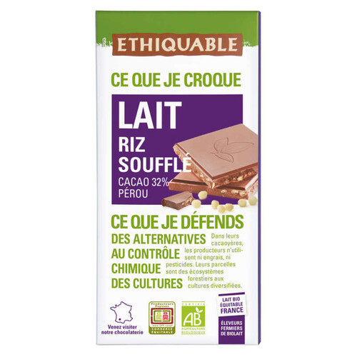 Ethiquable Chocolat Au Lait Au Riz Soufflé 32% Bio 100g