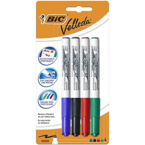 Bic Velleda Marqueurs Pour Tableau Blanc Mix de 4 Couleurs X4