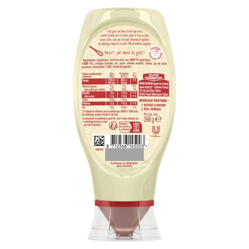 Amora Mayonnaise Fine Recette Fouettée Aux Blancs D’Œufs 398g