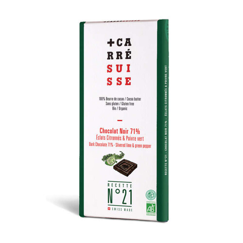 Carré Suisse Recette N°21 Chocolat Noir 71% Eclats citronnés & Poivre Vert 100g