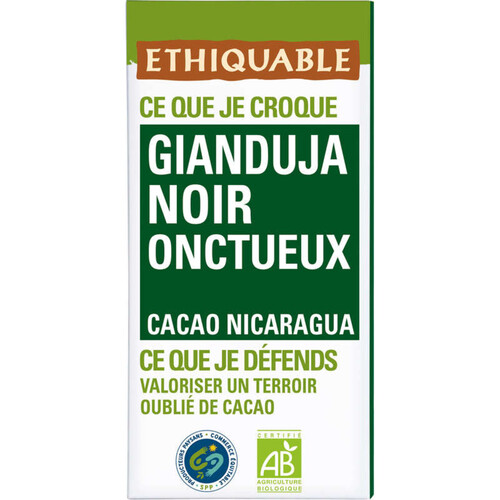 Ethiquable Chocolat Noir Gianduja Onctueux Bio 100g