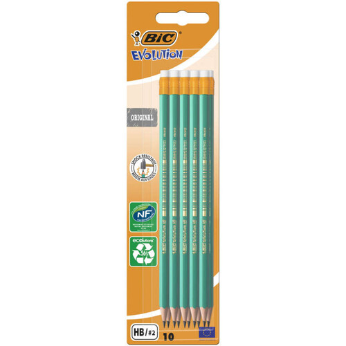 Bic Evolution 10 Crayons à papier avec Gomme intégrée Mine graphite HB Blister